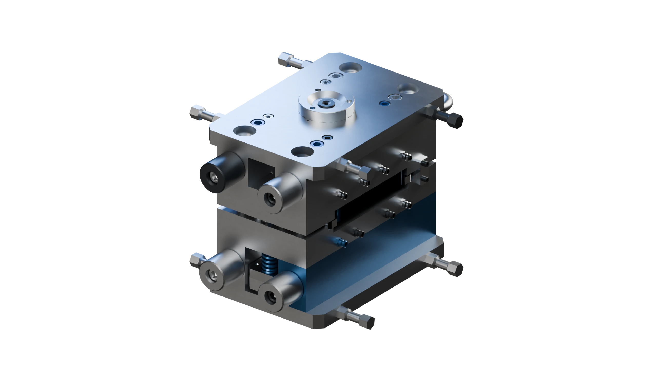 Ensamble mecánico KLIPS renderizado en acero y azul Coremesh