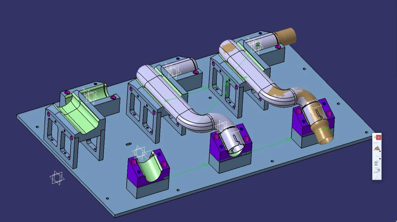 Captura de un modelo CAD con placa, apoyos y componentes tubulares de geometría curva