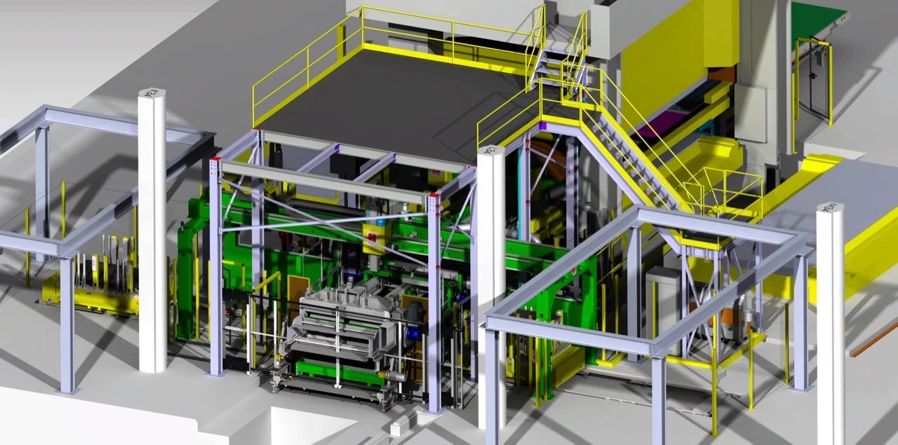 Visualización CAD de equipo industrial con bastidores, plataformas, escalera y barandales
